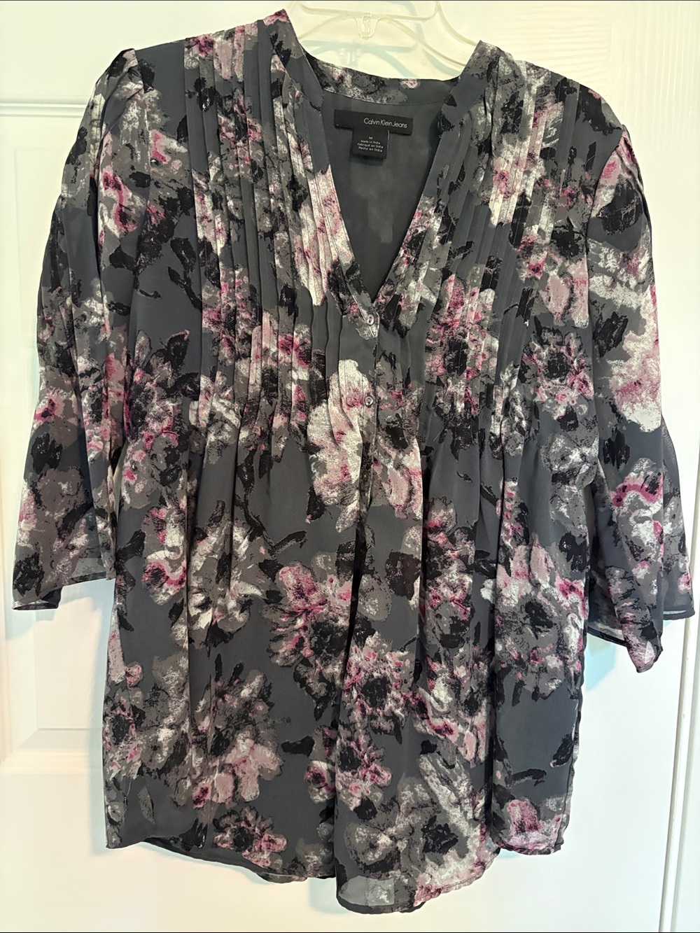 Calvin Klein Jeans Gray Floral V-Neck Pleated Blouse with Pink Accents